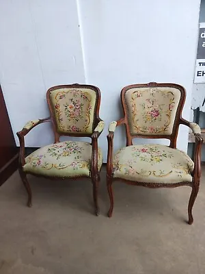 Pair Of French Needlepoint Tapestry Armchairs • £395