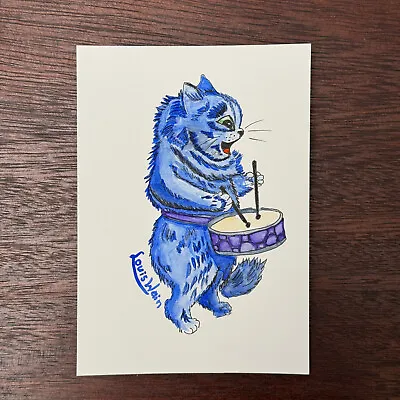 Louis Wain (after) Blue Drummer Cat - Original Watercolour Painting - Signed • £29.99