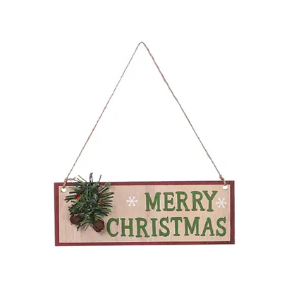 22.5cm Hanging Wooden Sign Merry Christmas Spruce Bells Decoration Xmas Natural • £2.85