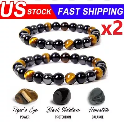 2pcs Tiger Eye Natural Stone Obsidian 8/10mm Beads Bracelet Men Women Jewelry • $5.98