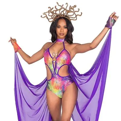 Medusa Costume Snake Print Bodysuit Draped Train Cuffs Shimmer Iridescent 5045 • $76.49