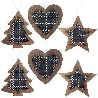 Wooden Tartan Print Christmas Tree Decoration 6 Pack Star Heart Bauble Red Green • £8.99