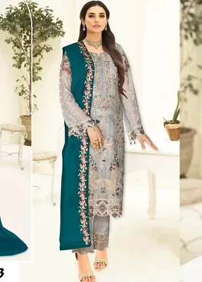 Pakistani Designer Embroidred Organza Suit Unstitched Shalwar Kameez With Lining • £37.99