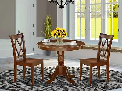 3pc Kitchen Dining Set 36  Round Table With 2 Xx-back Wood Seat Chairs Mahogany • $410