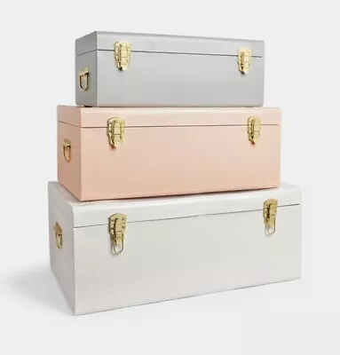 BTFY Metal Storage Trunks Set Of 3 Grey White Blush Gold Hardware Chest • £119.99