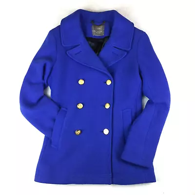 J Crew Womens 4 Stadium Cloth Nello Gori Pea Coat Cobalt Blue Lined Wool Blend • $40.99