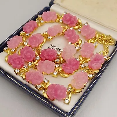 Vintage Style Pink Carved Roses Brushed Gold Collar Necklace • £22