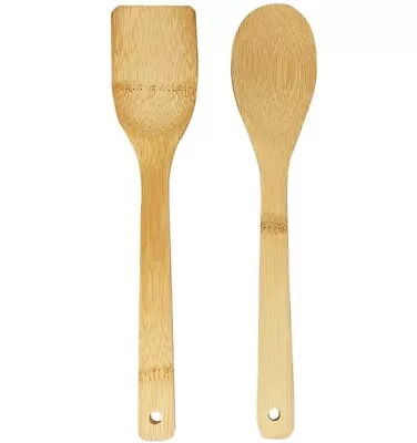 £3.99 • Buy 2x BAMBOO SPOONS Wooden Spatula Spoon Kitchen Cooking Utensils Tools Turner Set