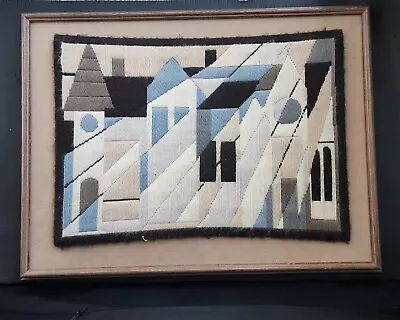 Vintage Mid-Century Tapestry  Norway  Wool  Cityscape Cubism Scandinavian 29X22  • $150