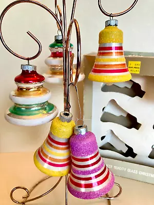 Vintage Shiny Bright 3 Striped Mica Bells & 2 Atomic Bell Ornaments • $64.99