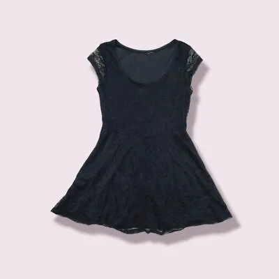 H&M Black Lace Skater Dress Cap Sleeves No Size Tag Fits Like An S • £12