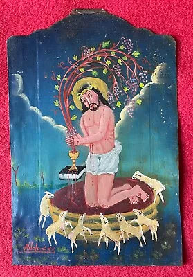 Mexican Master Alfredo Vilchis Lambs With Flowering Blood Of Jesus Retablo • $250
