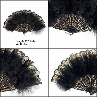 Embroidered Flower Marabou Feather Fan 1920s Vintage Flapper Hand Fan Costume • $15.58