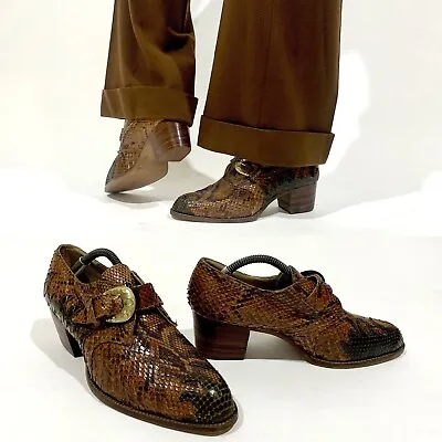 £475 • Buy Vintage Men's 1970s TERRY DE HAVILLAND Snakeskin Shoes Flames Applique Western
