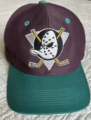 Vtg 90s Y2K Mighty Ducks Hat Anaheim NHL Logo 7 SnapBack Cap Plum Teal Green • $23.98