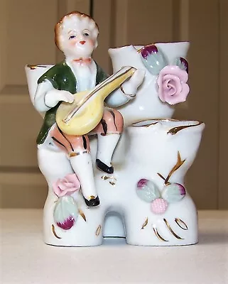  Vintage Hand Painted Porcelain 3 Bud Vase Boy With Mandolin • $9.95