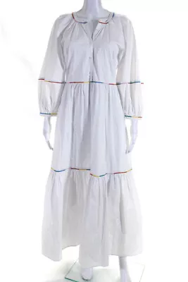 Staud Womens Rainbow Piping Puff Sleeve Midi A Line Popover Dress White Size XS • $97.59