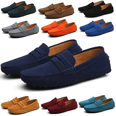 Men's Loafers Suede Leather Slip On Driving Moccasin Slippers Penny Boat Shoes • £6.88