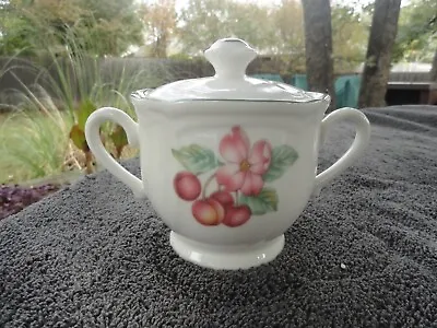 Noritake (Epoch) Market Day Fruit Flowers Green Rim White Covered Sugar Bowl • $40