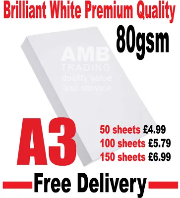 A3 80gsm PREMIUM PAPER INKJET/LASER 2 50 100 150 200500 Sheets - FREE POST  • £7.99