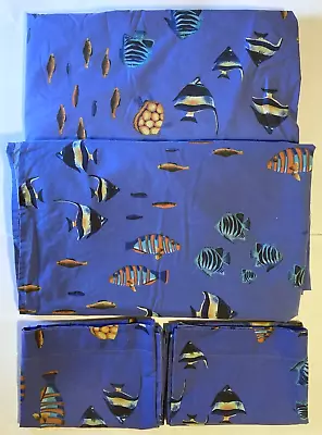 Blue Tropical Fish Turtle FULL Sheet Set FLAT FITTED 2 PILLOWCASES Ocean Sea • $30