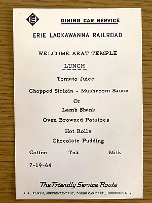 $14.99 • Buy 1964 ERIE LACKAWANNA RAILROAD Vintage Lunch Menu DINING CAR SERVICE Arat Temple