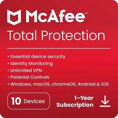 McAfee Total Protection 2024 1 3 5 & 10 Device 1 Year PC Mac Phone Security • £9.90