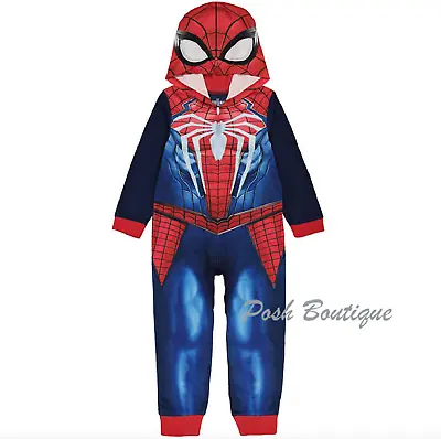 NWT Spiderman Pajamas Boys One Piece Union Suit Hoodie Costume Marvel 4 6 8 10 • £21.49