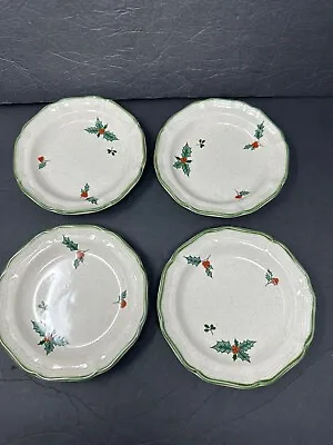 Mikasa Christmas Festive Season Rimmed Bread Dessert 6  Dish Set Of 4 Holly • $40