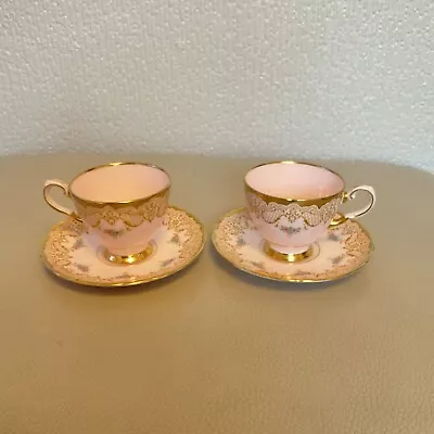 Rare ~ Coalport 6700H ~ 2 X Gold On Pink Bone China ~ Cups And Saucers ~ Perfect • £15