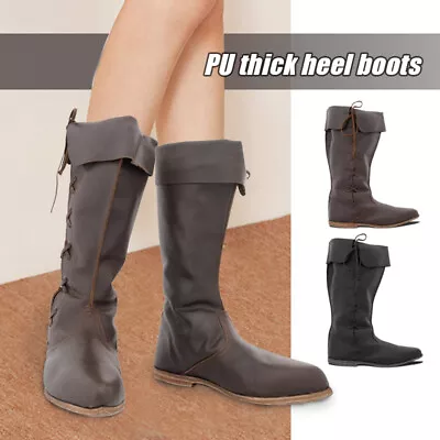 Unisex Mid Calf PU Leather Boots Medieval Renaissance  Cosplay Shoes Half Boots • $45.59