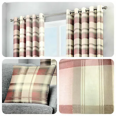 Fusion 100% Cotton Blush Country Balmoral Check Lined Eyelet Curtains OR Cushion • £36.99