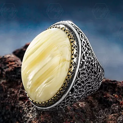 925 Sterling Silver Filigree Design Big Mother Of Pearl Stone Men's Ring • $119.90