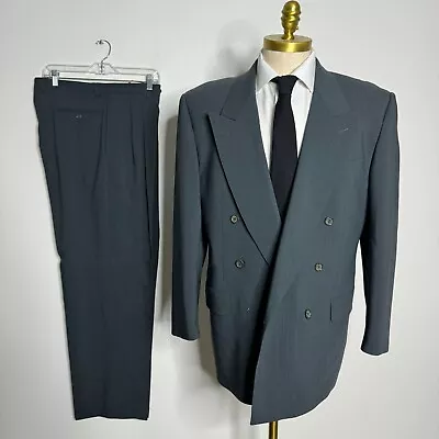 Vtg Custom Tailored Suit Mens Green Stripe Double Breast Wool 42R 34W • $89.99