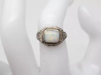 Antique 1900s Edwardian 2ct Natural Australian OPAL 14k White Gold Filigree Ring • $450