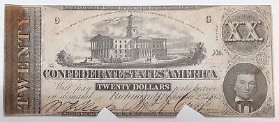 1862 CSA Twenty Dollar Note T-51 Capitol At Nashville VF Cancelled W/Stains • $72.50