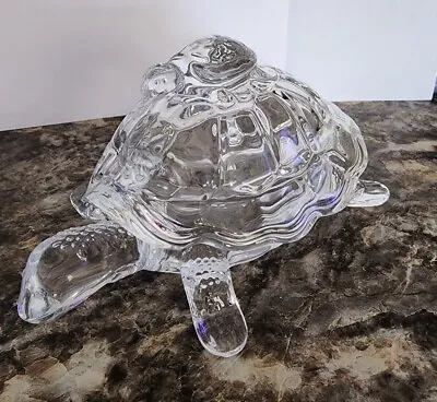 Clear Glass Turtle Trinket Box With Baby Turtle Handle On Lid New • $20