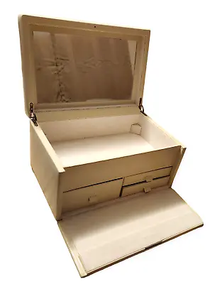 Pottery Barn McKenna Jewelry Box Ivory Leather Ultrasuede Lining Mirror Drawers • $85