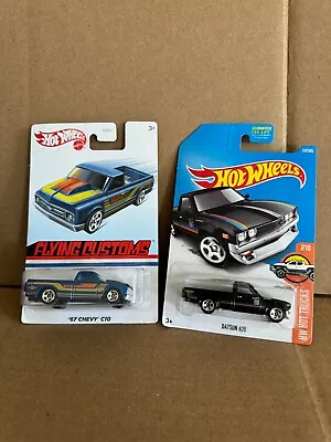 Hot Wheels Lot 2x Flying Customs '67 Chevy C10 / Datsun 620 Hot Trucks A6 • $7.99