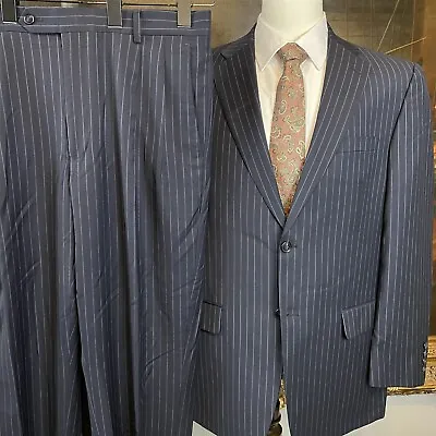 Stafford 42R 36 X 32 2 Piece Navy Pinstriped Wool & Silk 2 Button Suit • $63.78