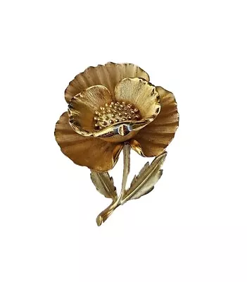 Vintage 60s Goldtone Textured Metal Trifari Signed Poppy Flower Brooch MCM • $65