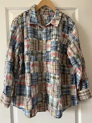 LL Bean Madras Plaid Patchwork Shirt Button Down Womens XL Long Sleeve Blouse • $22