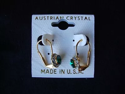 Vintage Austrian Crystal Petite Green & Clear Cluster Gold Tone Drop Earrings • $4.99