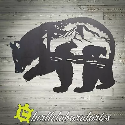Grizzly Bear Nature Scene With Cubs Plasma Cut Metal Wall Art Hanging Home Decor • $155