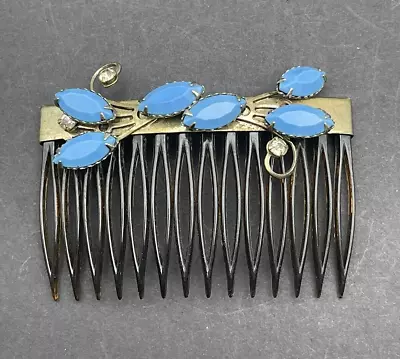 Vintage Hair Comb Gold Metal French Blue Thermoset Plastic & Rhinestones  1950s • $17.60