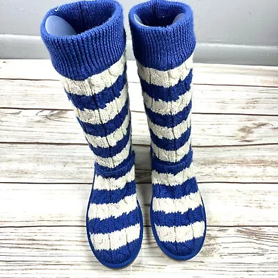 Ugg Cardy Cable Knit Blue White Striped Tall Sweater Boots - Size 9 • $60