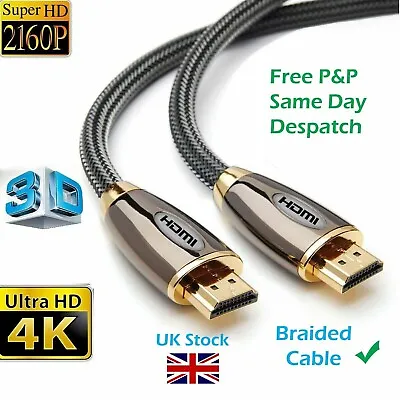 Premium 4k Hdmi Cable 2.0 High Speed Gold Plated Braided Lead 2160p 3d Hdtv Uhd • £7.85