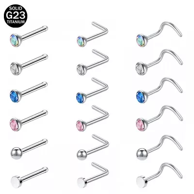 1 Pc 20g Titanium Nose Stud I/L/S Shape Round Crystal Nostril Piercing Jewelry • $5.89