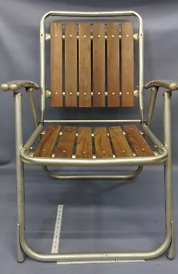Vintage Aluminum Patio Chair With Wooden Seat Brown Silver • $18.74