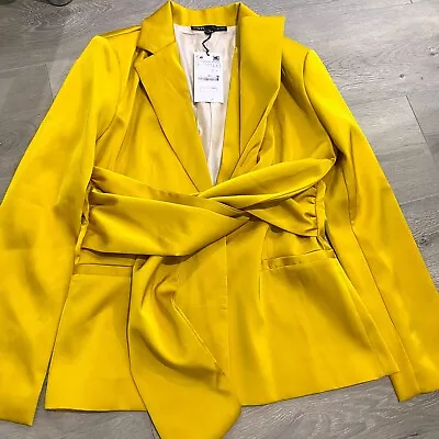 Zara NWT Belted Wrap Blazer Size L US In Solid Mustard Yellow Polyester • $120